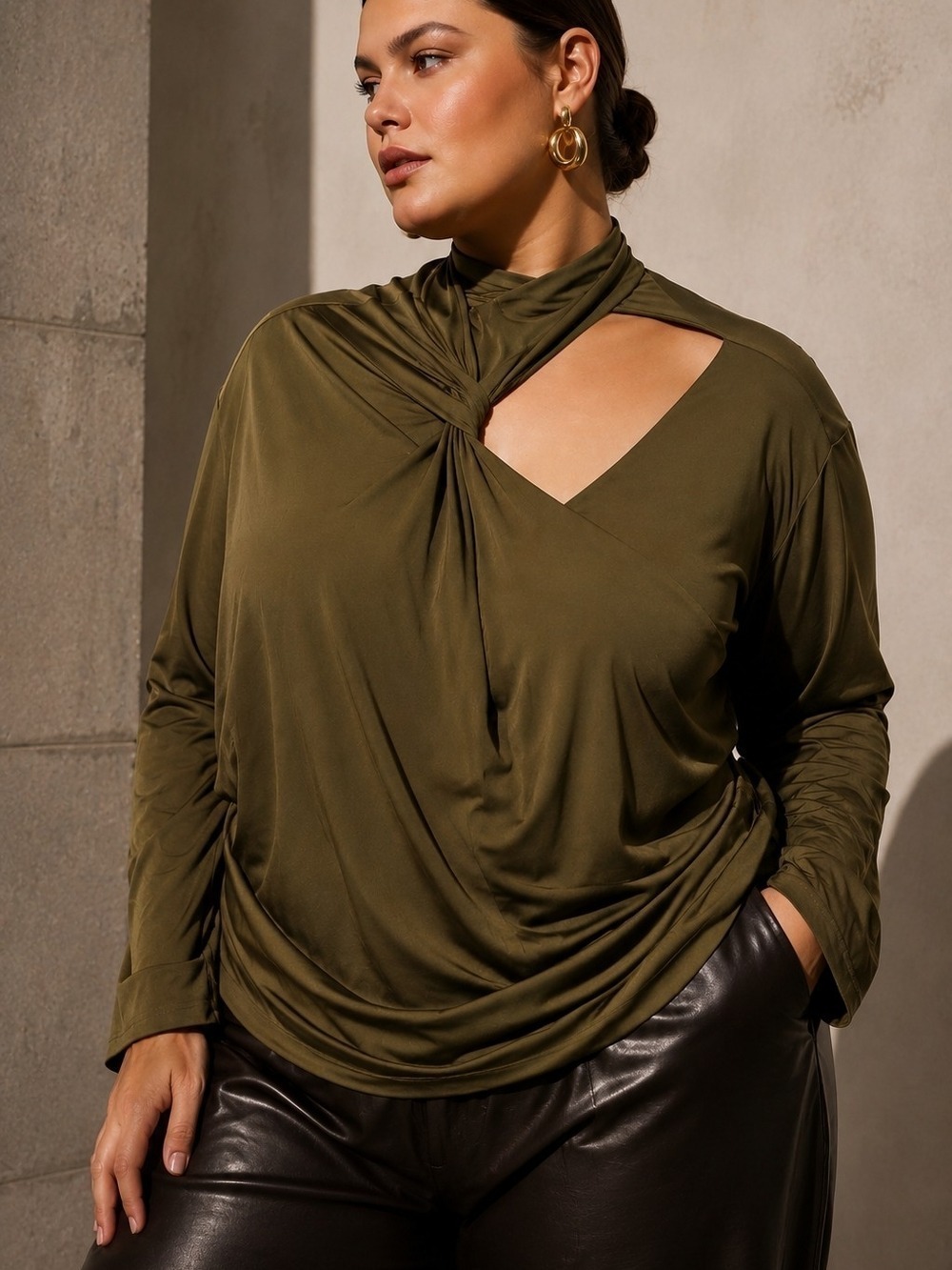 RiverIsland Plus Olive Twist Neck Cutout Top Minimalist US 22 Quiet Luxury Party